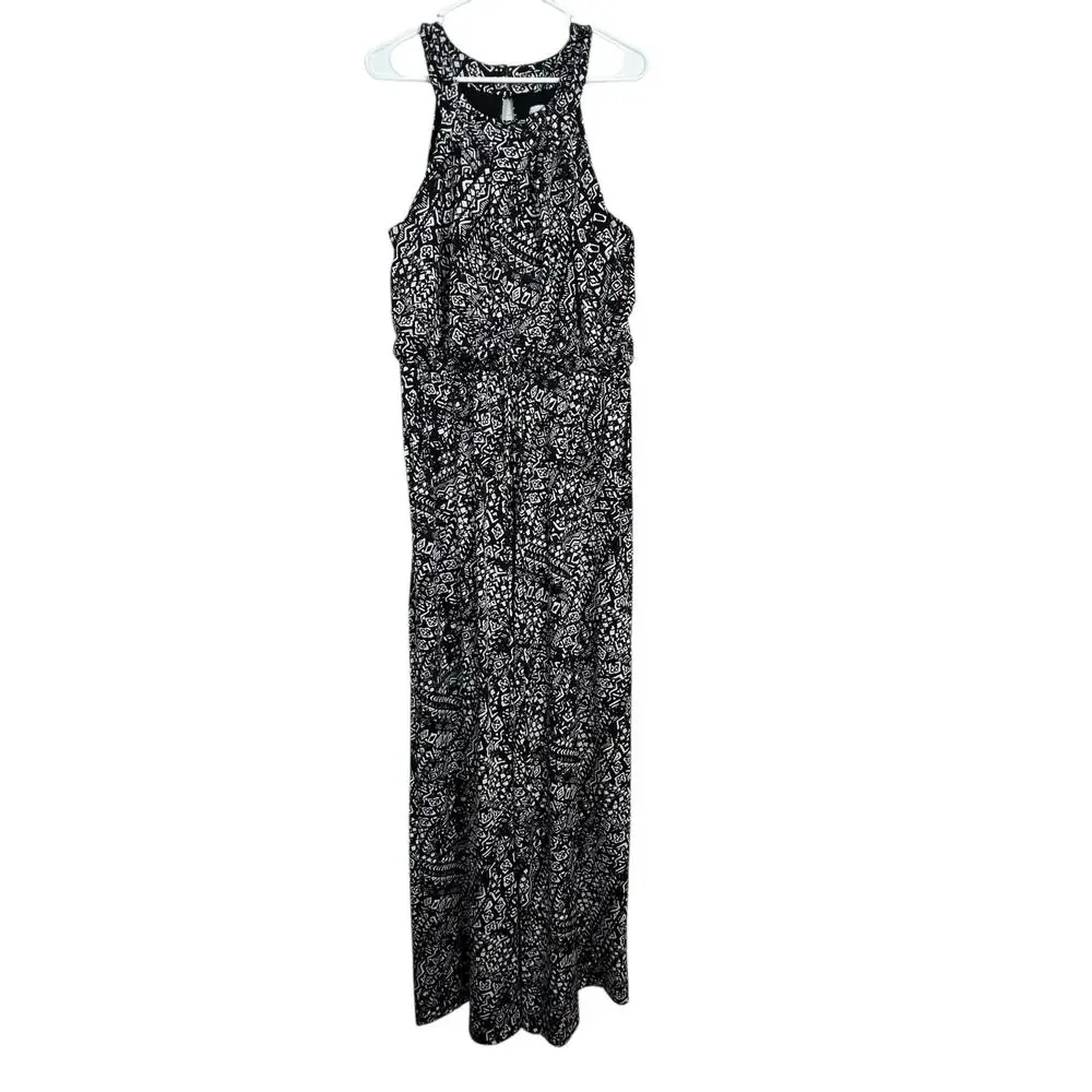Emma & Michele Black White Jumpsuit Large Sleeveless Drawstring Waist Pockets - Picture 2 of 8
